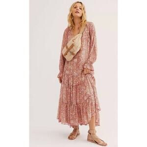 NWT Free People Feeling Groovy BOHO Floral printed Maxi Dress In Red Combo XS